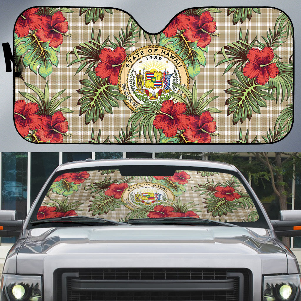 Vintage Hawaii Hibiscus Palaka Auto Sun Shade Khaki Color LT19 Khaki - Polynesian Pride