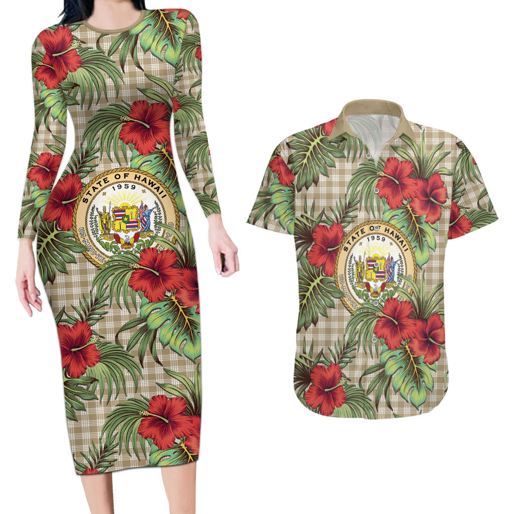 Vintage Hawaii Hibiscus Palaka Couples Matching Long Sleeve Bodycon Dress and Hawaiian Shirt Khaki Color LT19 Khaki - Polynesian Pride