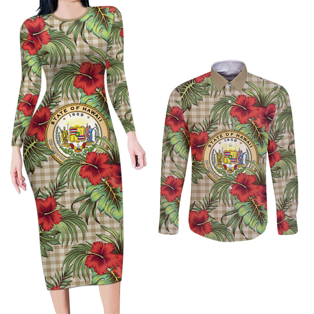 Vintage Hawaii Hibiscus Palaka Couples Matching Long Sleeve Bodycon Dress and Long Sleeve Button Shirt Khaki Color LT19 Khaki - Polynesian Pride