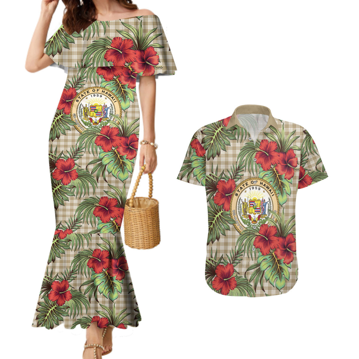Vintage Hawaii Hibiscus Palaka Couples Matching Mermaid Dress and Hawaiian Shirt Khaki Color LT19 Khaki - Polynesian Pride