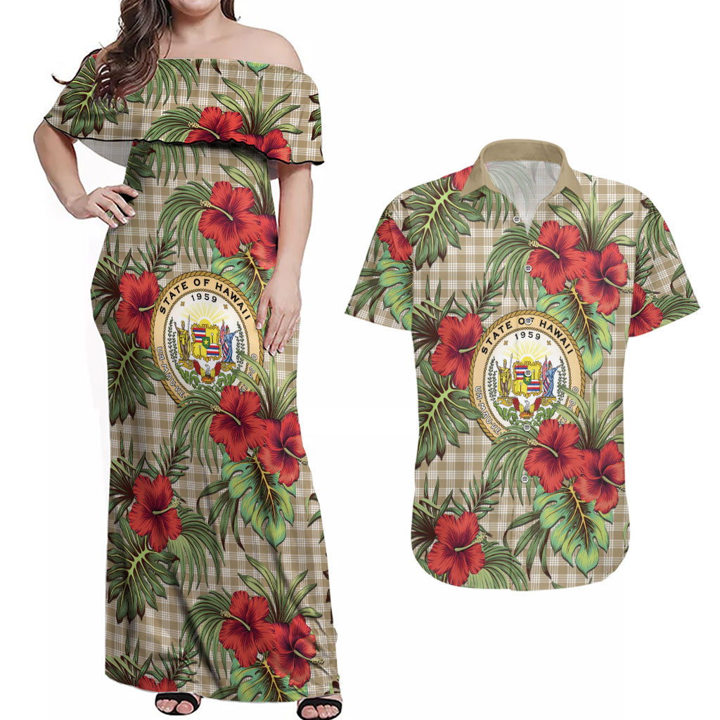 Vintage Hawaii Hibiscus Palaka Couples Matching Off Shoulder Maxi Dress and Hawaiian Shirt Khaki Color LT19 Khaki - Polynesian Pride