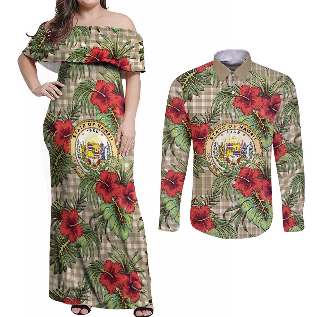 Vintage Hawaii Hibiscus Palaka Couples Matching Off Shoulder Maxi Dress and Long Sleeve Button Shirt Khaki Color LT19 Khaki - Polynesian Pride