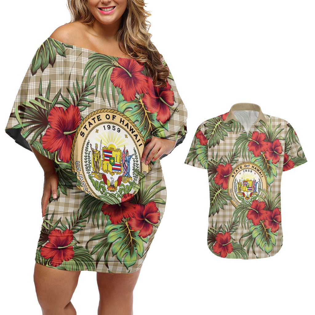 Vintage Hawaii Hibiscus Palaka Couples Matching Off Shoulder Short Dress and Hawaiian Shirt Khaki Color LT19 Khaki - Polynesian Pride