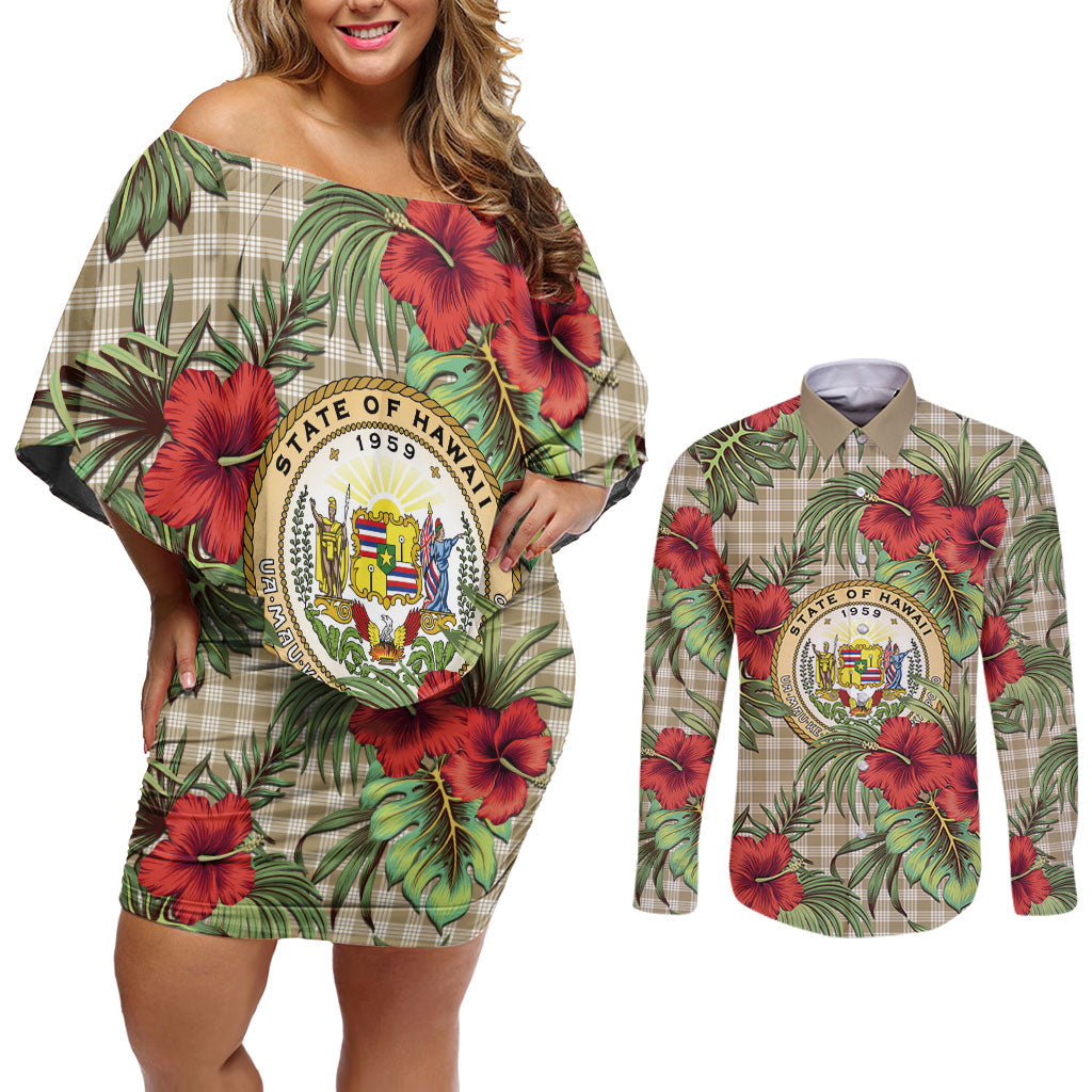 Vintage Hawaii Hibiscus Palaka Couples Matching Off Shoulder Short Dress and Long Sleeve Button Shirt Khaki Color LT19 Khaki - Polynesian Pride