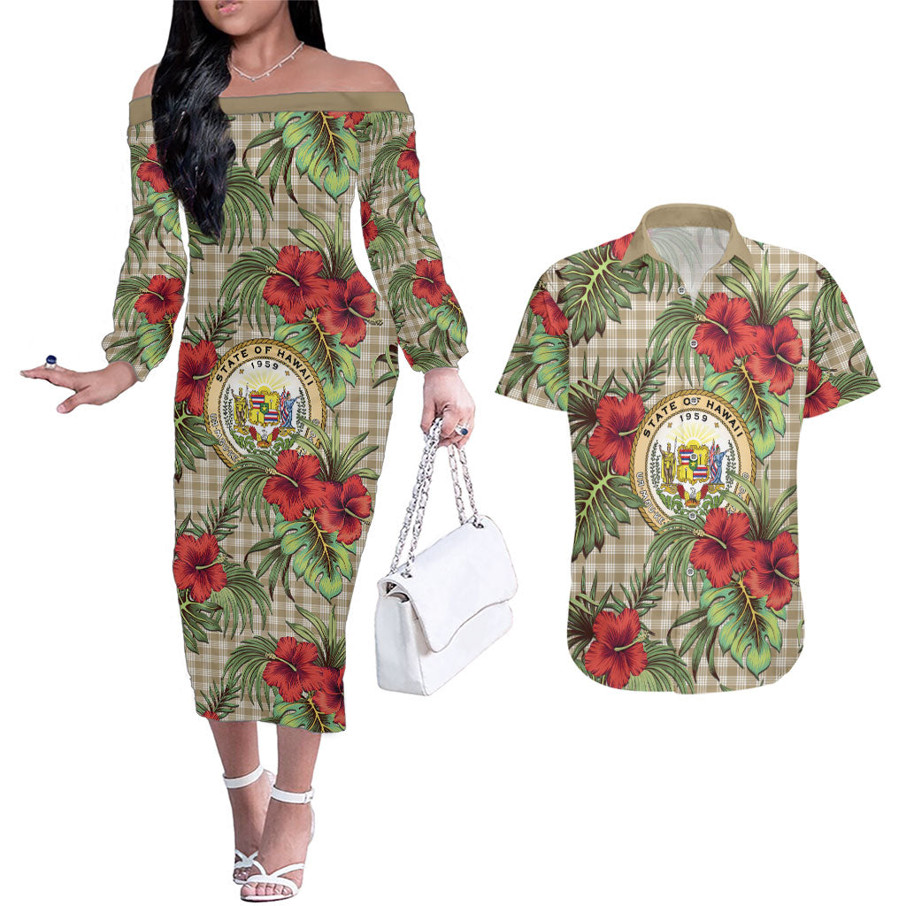Vintage Hawaii Hibiscus Palaka Couples Matching Off The Shoulder Long Sleeve Dress and Hawaiian Shirt Khaki Color LT19 Khaki - Polynesian Pride