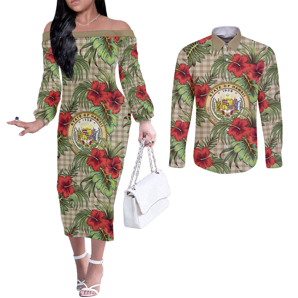 Vintage Hawaii Hibiscus Palaka Couples Matching Off The Shoulder Long Sleeve Dress and Long Sleeve Button Shirt Khaki Color LT19 Khaki - Polynesian Pride