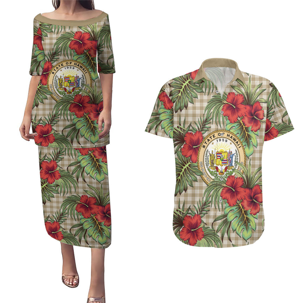 Vintage Hawaii Hibiscus Palaka Couples Matching Puletasi and Hawaiian Shirt Khaki Color LT19 Khaki - Polynesian Pride