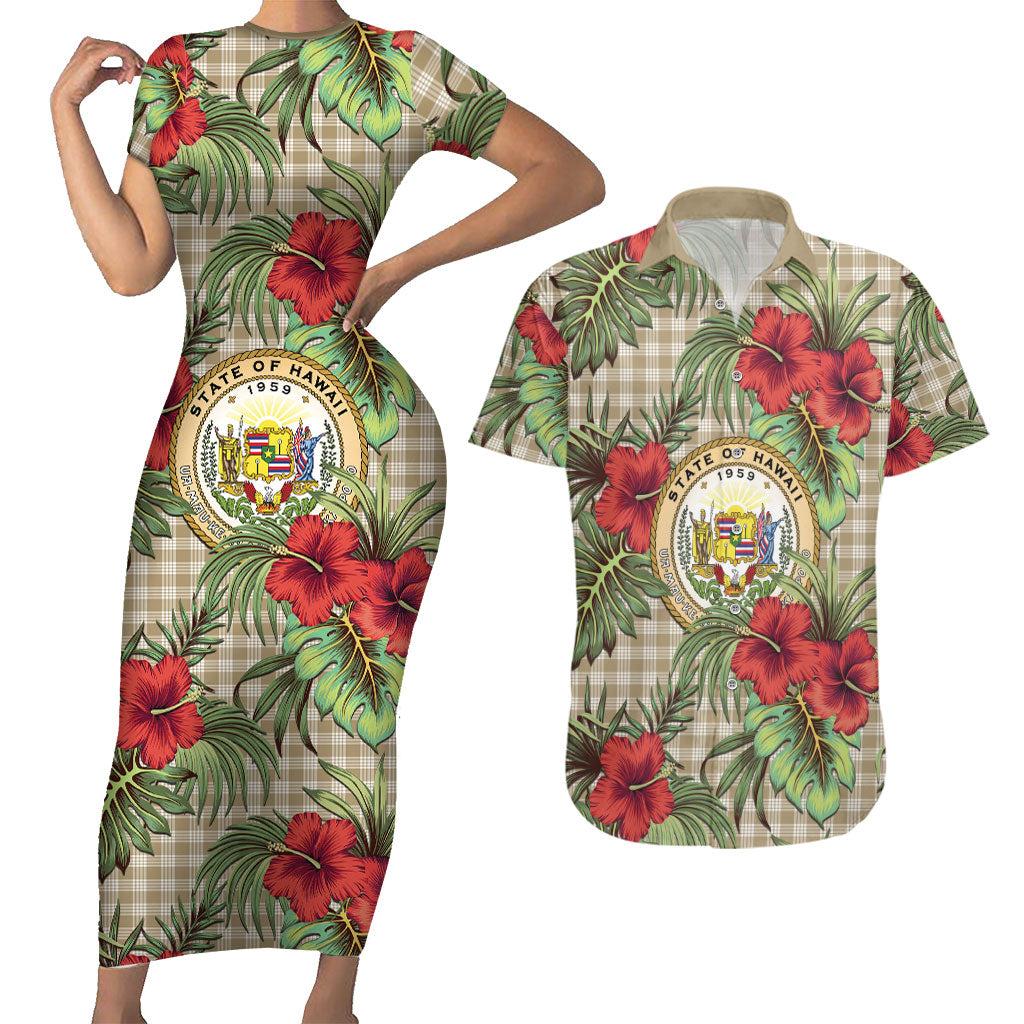 Vintage Hawaii Hibiscus Palaka Couples Matching Short Sleeve Bodycon Dress and Hawaiian Shirt Khaki Color LT19 Khaki - Polynesian Pride