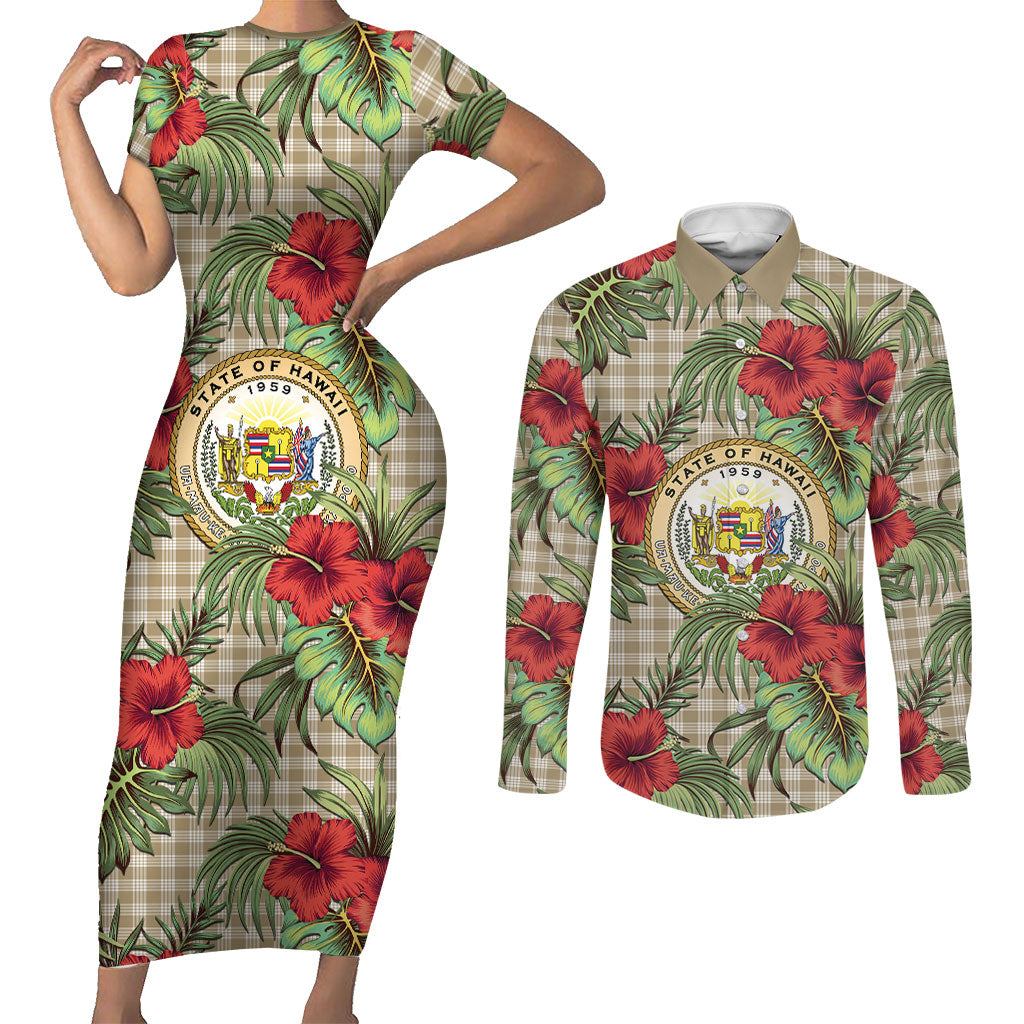 Vintage Hawaii Hibiscus Palaka Couples Matching Short Sleeve Bodycon Dress and Long Sleeve Button Shirt Khaki Color LT19 Khaki - Polynesian Pride