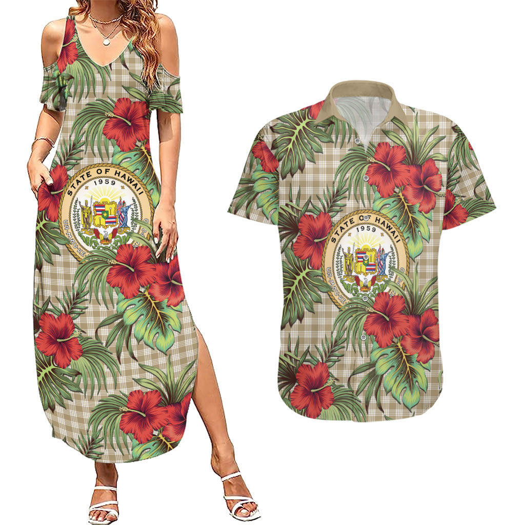Vintage Hawaii Hibiscus Palaka Couples Matching Summer Maxi Dress and Hawaiian Shirt Khaki Color LT19 Khaki - Polynesian Pride