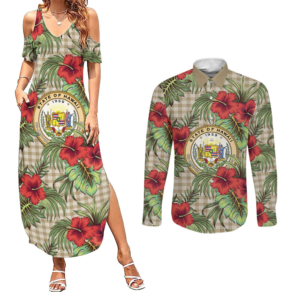 Vintage Hawaii Hibiscus Palaka Couples Matching Summer Maxi Dress and Long Sleeve Button Shirt Khaki Color LT19 Khaki - Polynesian Pride