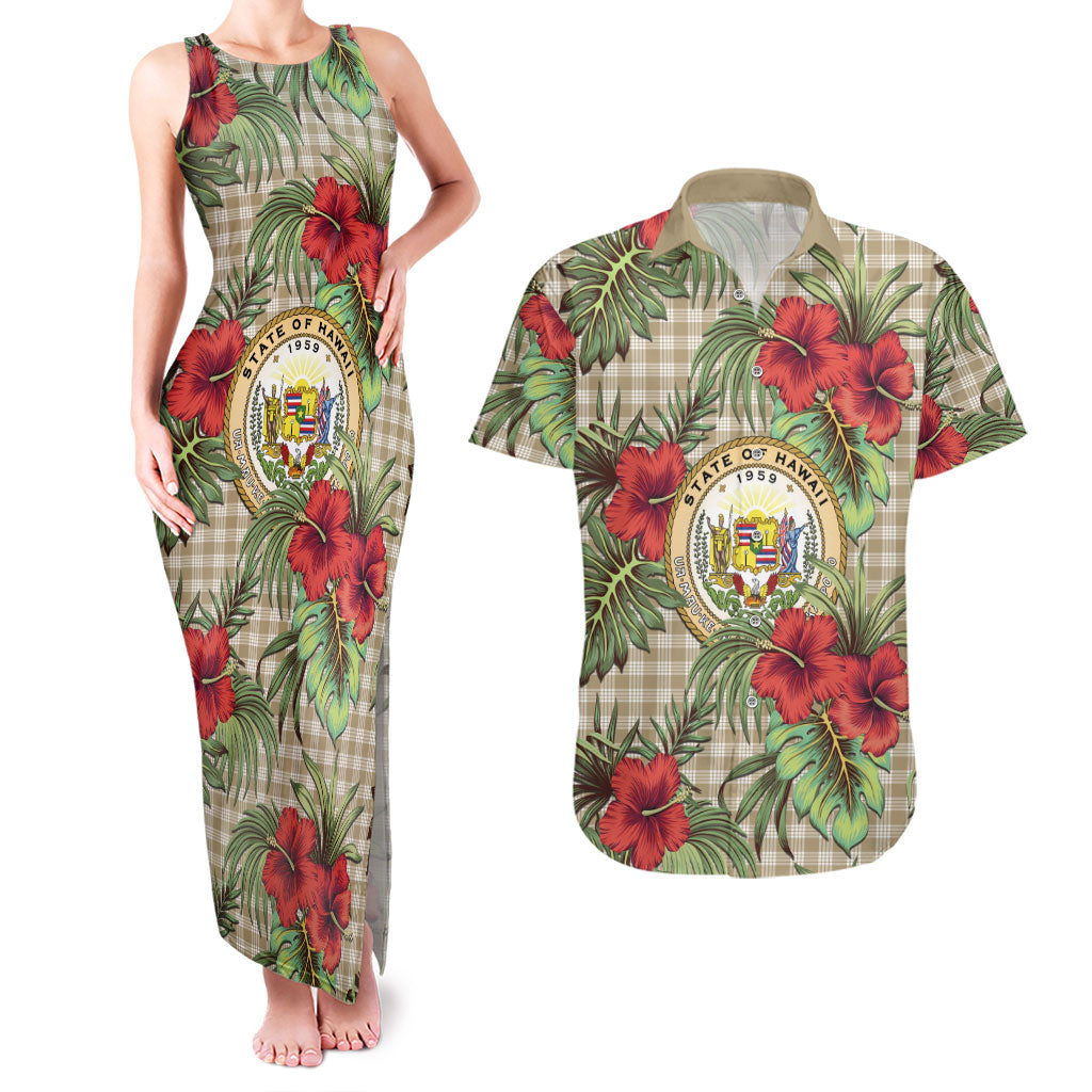 Vintage Hawaii Hibiscus Palaka Couples Matching Tank Maxi Dress and Hawaiian Shirt Khaki Color LT19 Khaki - Polynesian Pride