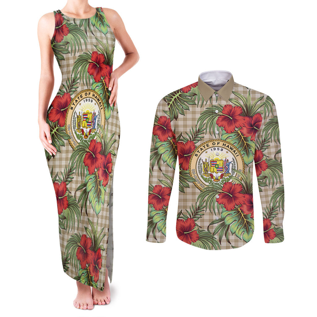 Vintage Hawaii Hibiscus Palaka Couples Matching Tank Maxi Dress and Long Sleeve Button Shirt Khaki Color LT19 Khaki - Polynesian Pride