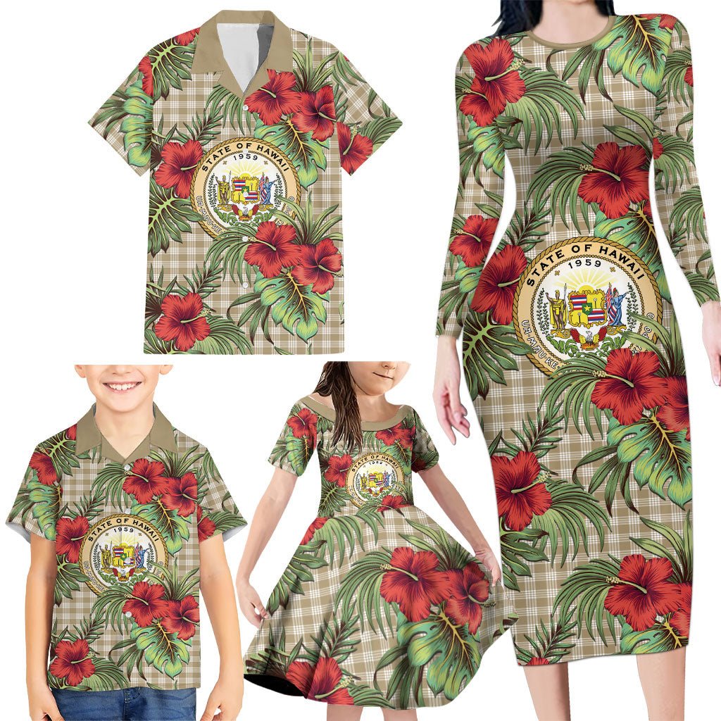 Vintage Hawaii Hibiscus Palaka Family Matching Long Sleeve Bodycon Dress and Hawaiian Shirt Khaki Color LT19 - Polynesian Pride