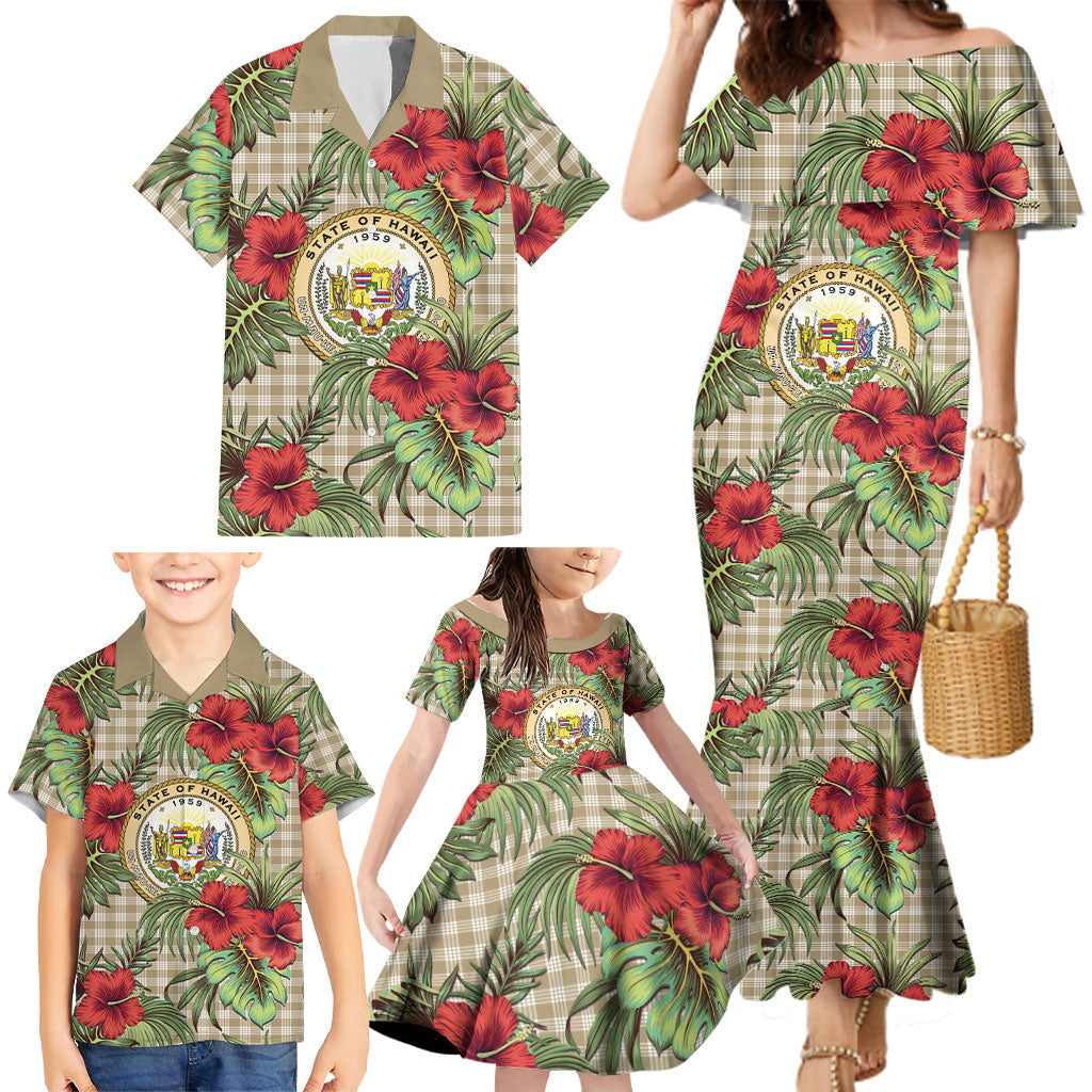 Vintage Hawaii Hibiscus Palaka Family Matching Mermaid Dress and Hawaiian Shirt Khaki Color LT19 - Polynesian Pride