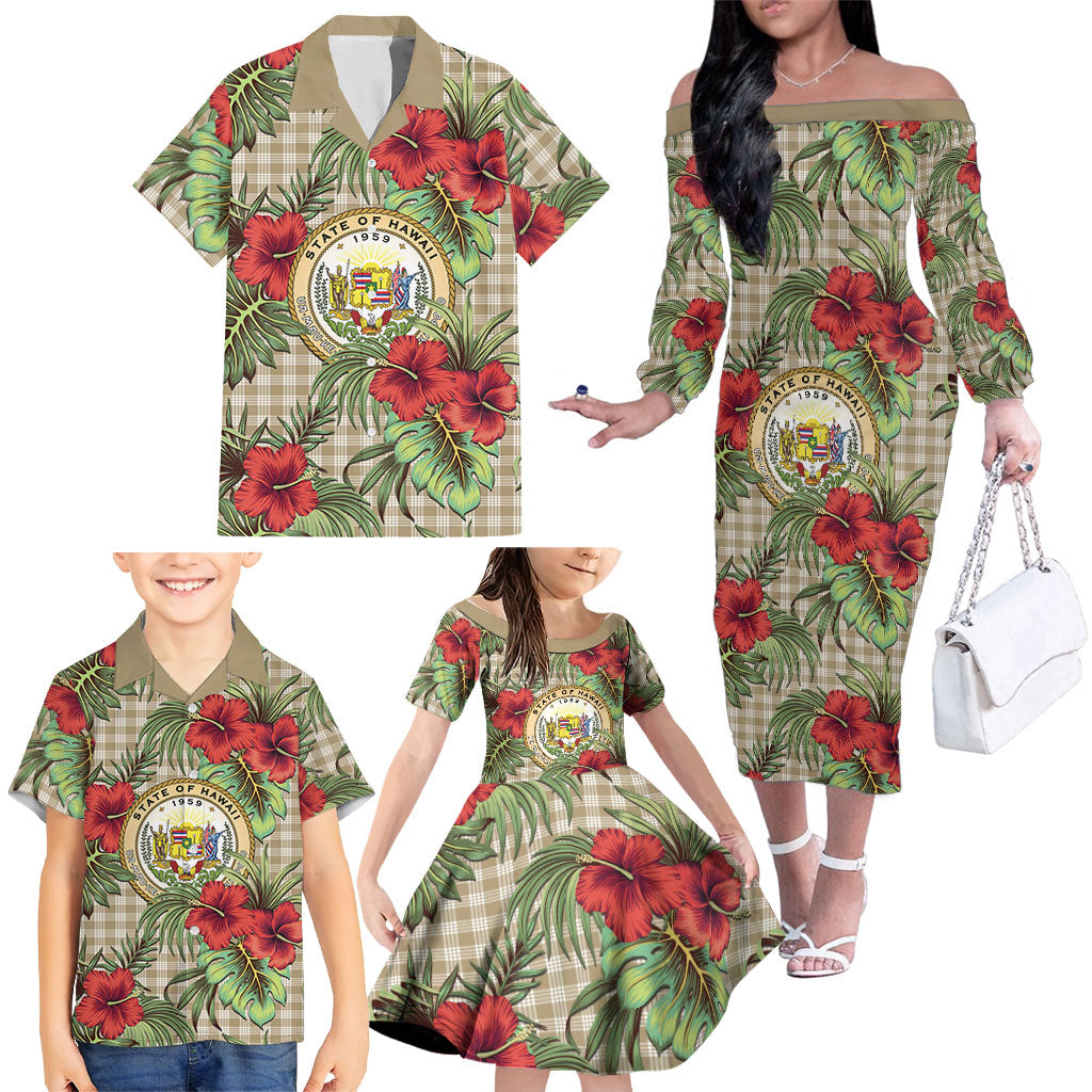Vintage Hawaii Hibiscus Palaka Family Matching Off The Shoulder Long Sleeve Dress and Hawaiian Shirt Khaki Color LT19 - Polynesian Pride