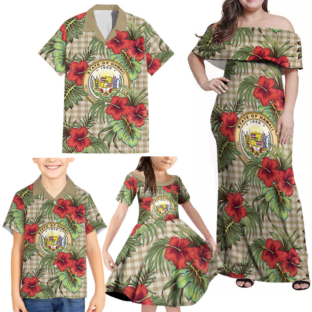 Vintage Hawaii Hibiscus Palaka Family Matching Off Shoulder Maxi Dress and Hawaiian Shirt Khaki Color LT19 - Polynesian Pride
