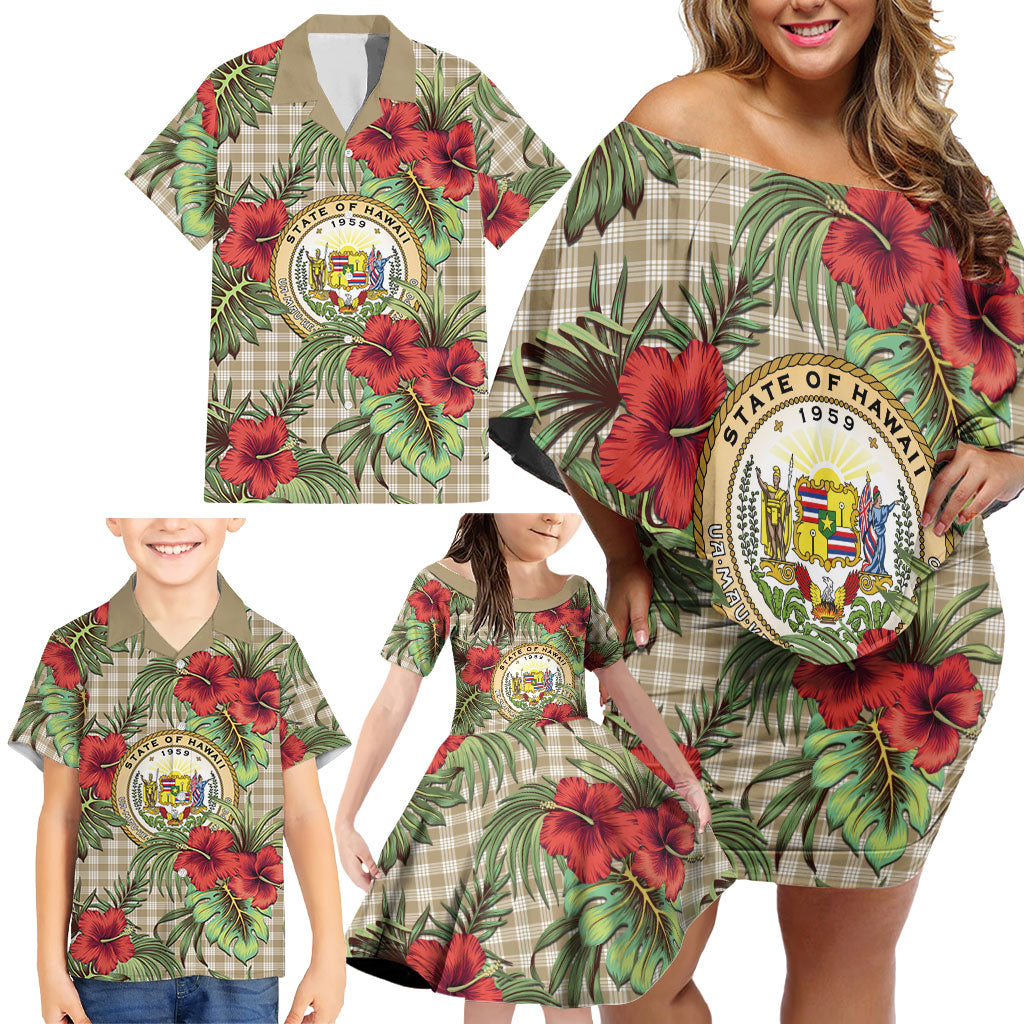 Vintage Hawaii Hibiscus Palaka Family Matching Off Shoulder Short Dress and Hawaiian Shirt Khaki Color LT19 - Polynesian Pride