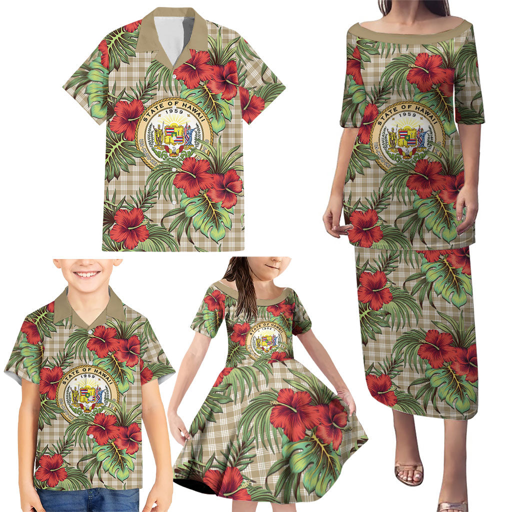 Vintage Hawaii Hibiscus Palaka Family Matching Puletasi and Hawaiian Shirt Khaki Color LT19 - Polynesian Pride