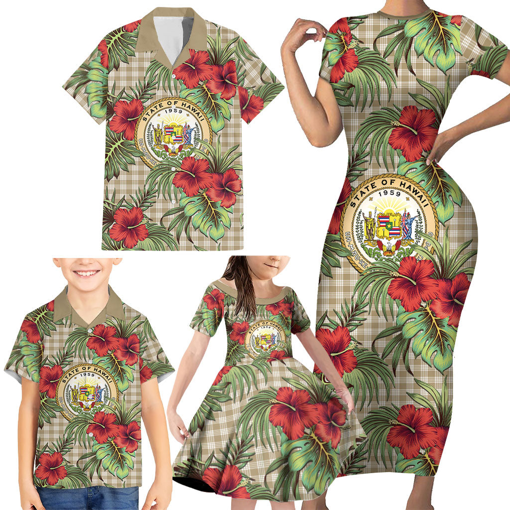 Vintage Hawaii Hibiscus Palaka Family Matching Short Sleeve Bodycon Dress and Hawaiian Shirt Khaki Color LT19 - Polynesian Pride