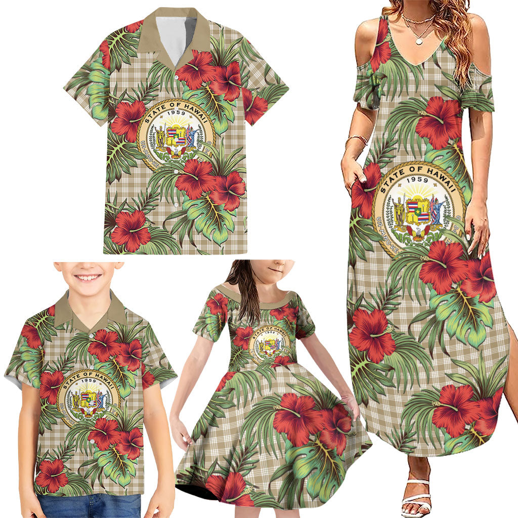 Vintage Hawaii Hibiscus Palaka Family Matching Summer Maxi Dress and Hawaiian Shirt Khaki Color LT19 - Polynesian Pride