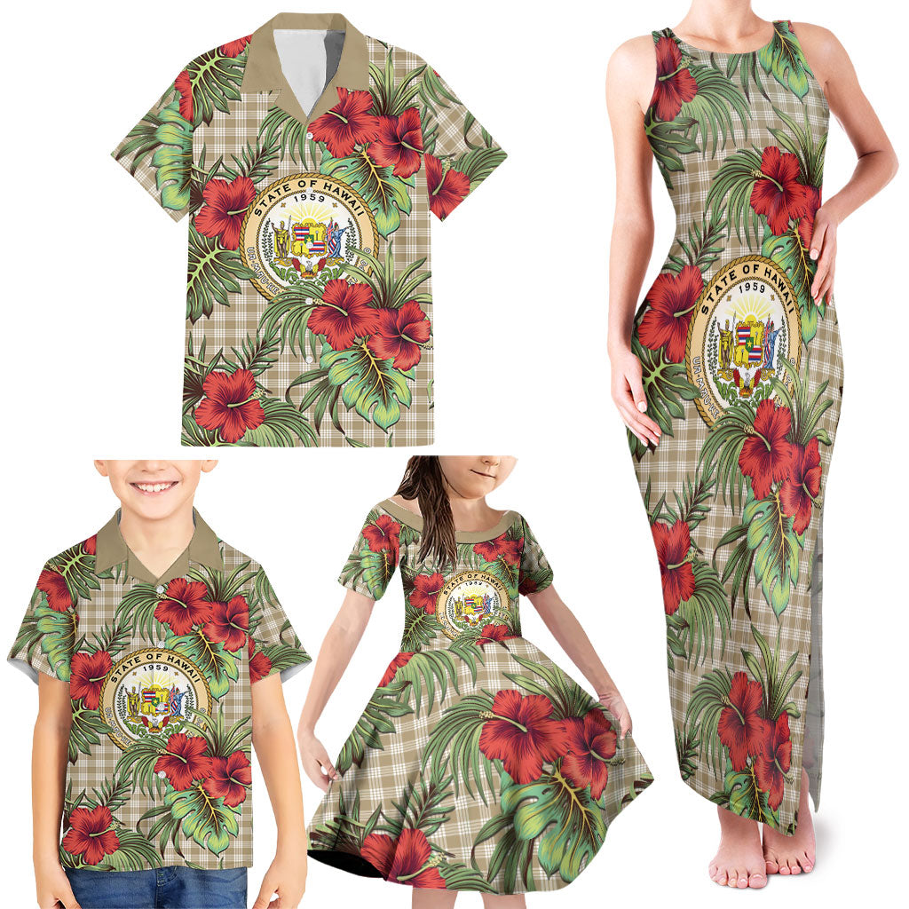 Vintage Hawaii Hibiscus Palaka Family Matching Tank Maxi Dress and Hawaiian Shirt Khaki Color LT19 - Polynesian Pride