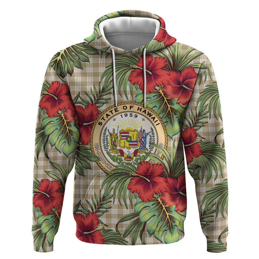 Vintage Hawaii Hibiscus Palaka Hoodie Khaki Color