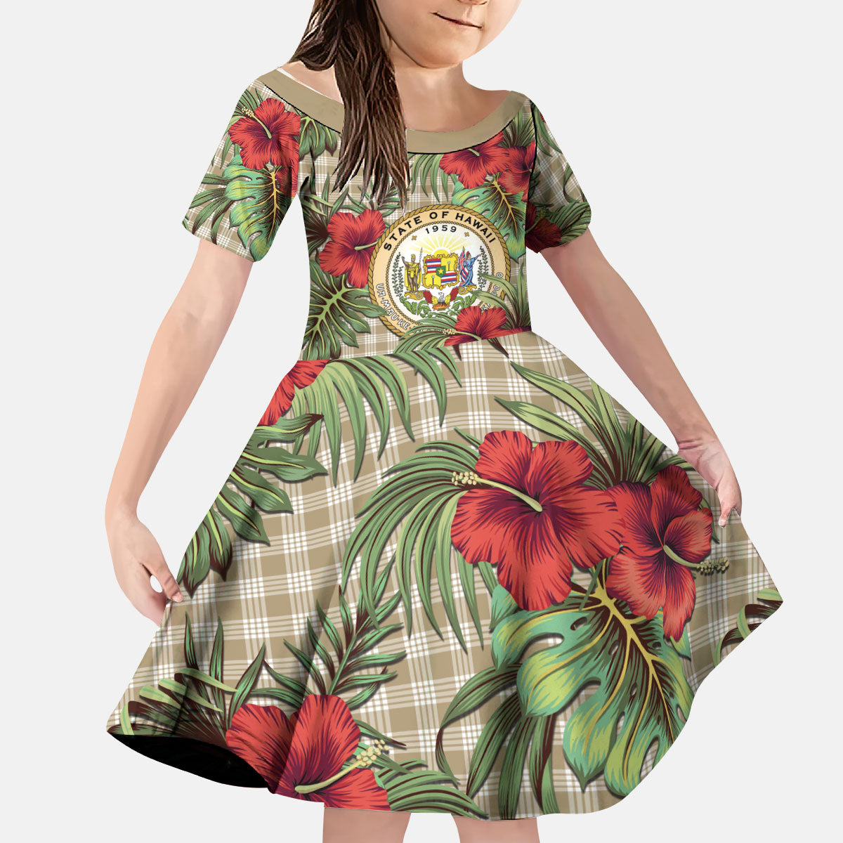 Vintage Hawaii Hibiscus Palaka Kid Short Sleeve Dress Khaki Color LT19 KID Khaki - Polynesian Pride