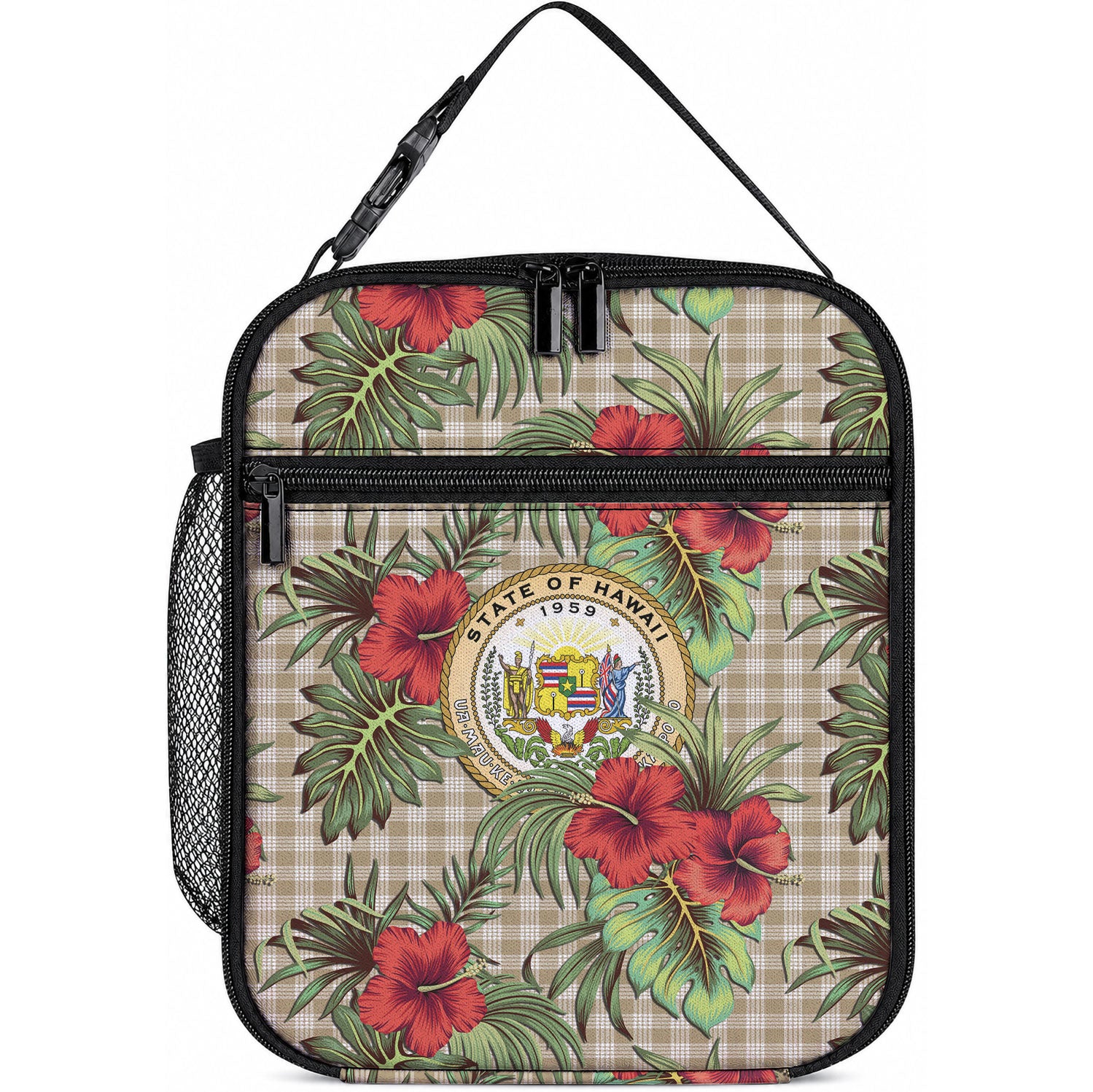Vintage Hawaii Hibiscus Palaka Lunch Bag Khaki Color LT19 10.2 × 8.3 × 4.3 inch Khaki - Polynesian Pride