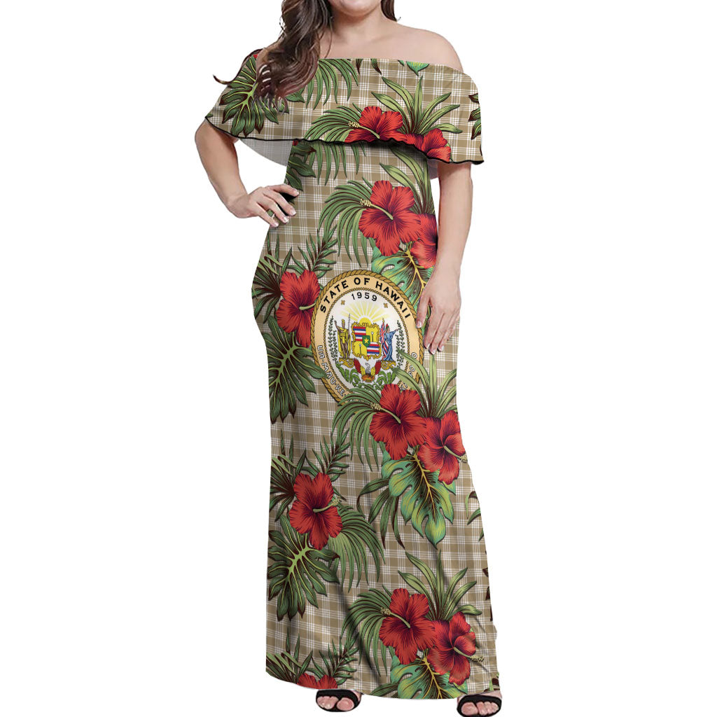 Vintage Hawaii Hibiscus Palaka Off Shoulder Maxi Dress Khaki Color LT19 Women Khaki - Polynesian Pride