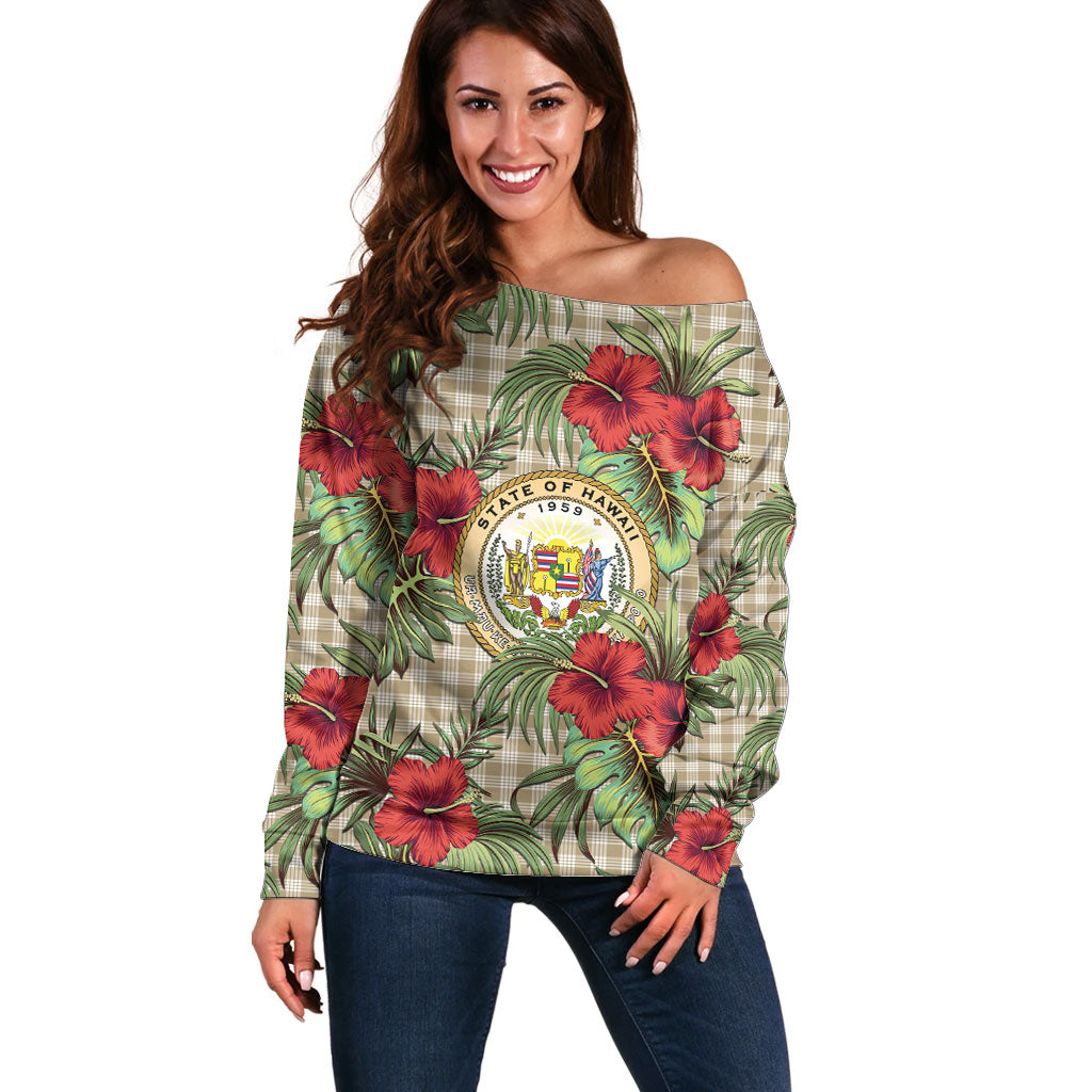 Vintage Hawaii Hibiscus Palaka Off Shoulder Sweater Khaki Color LT19 Women Khaki - Polynesian Pride