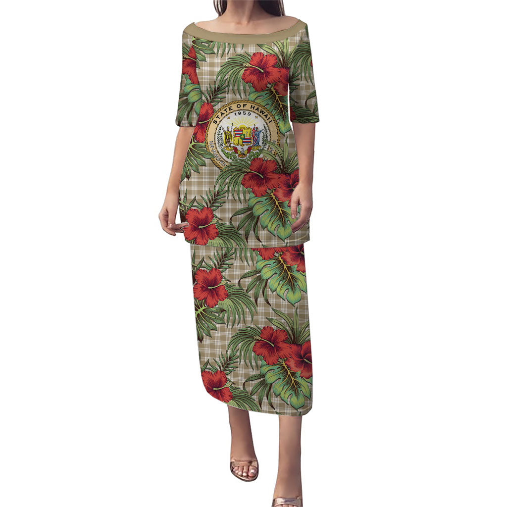 Vintage Hawaii Hibiscus Palaka Puletasi Khaki Color LT19 Long Dress Khaki - Polynesian Pride