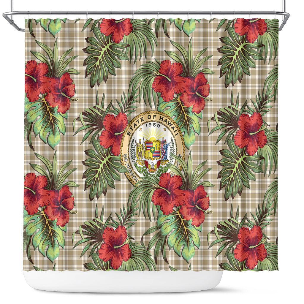 Vintage Hawaii Hibiscus Palaka Shower Curtain Khaki Color LT19 Khaki - Polynesian Pride
