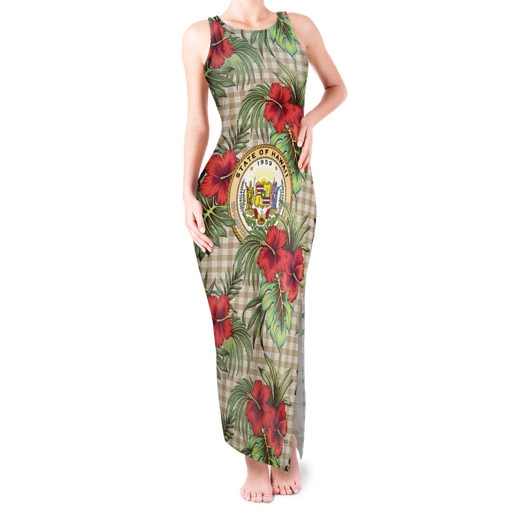 Vintage Hawaii Hibiscus Palaka Tank Maxi Dress Khaki Color LT19 Women Khaki - Polynesian Pride