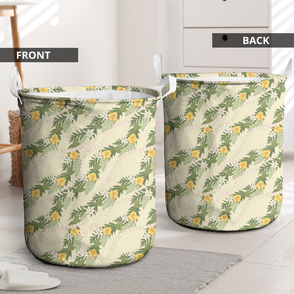 Hawaiian Pikake Maile Lei Laundry Basket Tiare Hibiscus Kalo Palapalai Leaf Beige LT19 - Polynesian Pride