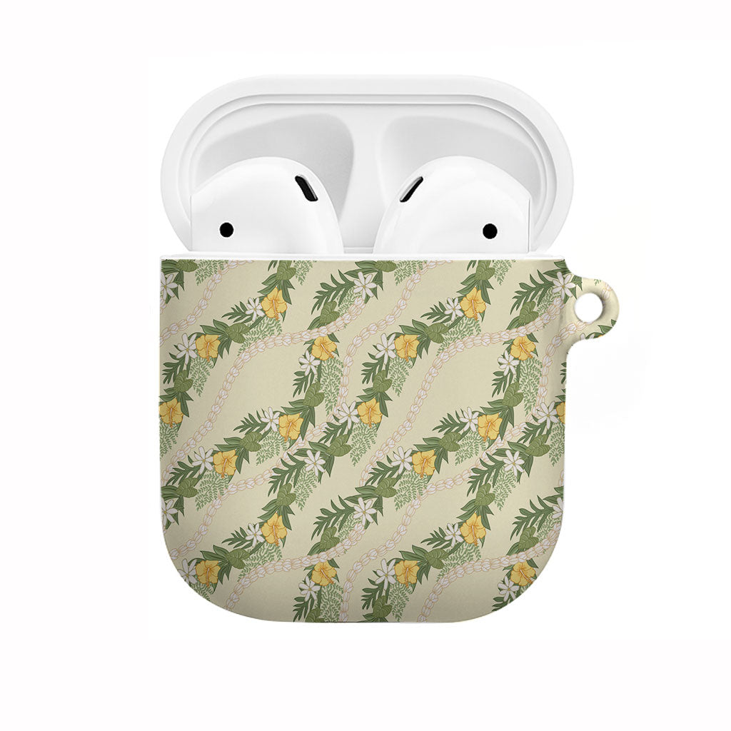 Hawaiian Pikake Maile Lei AirPods Case Tiare Hibiscus Kalo Palapalai Leaf Beige LT19 Beige - Polynesian Pride