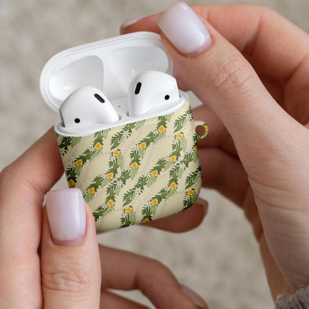 Hawaiian Pikake Maile Lei AirPods Case Tiare Hibiscus Kalo Palapalai Leaf Beige LT19 - Polynesian Pride