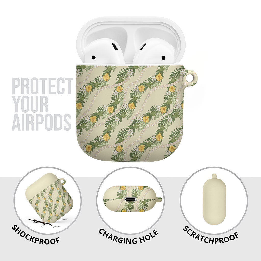 Hawaiian Pikake Maile Lei AirPods Case Tiare Hibiscus Kalo Palapalai Leaf Beige LT19 - Polynesian Pride