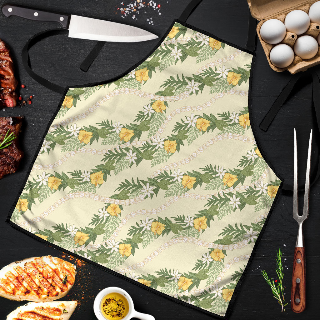 Hawaiian Pikake Maile Lei Apron Tiare Hibiscus Kalo Palapalai Leaf Beige LT19 Beige - Polynesian Pride