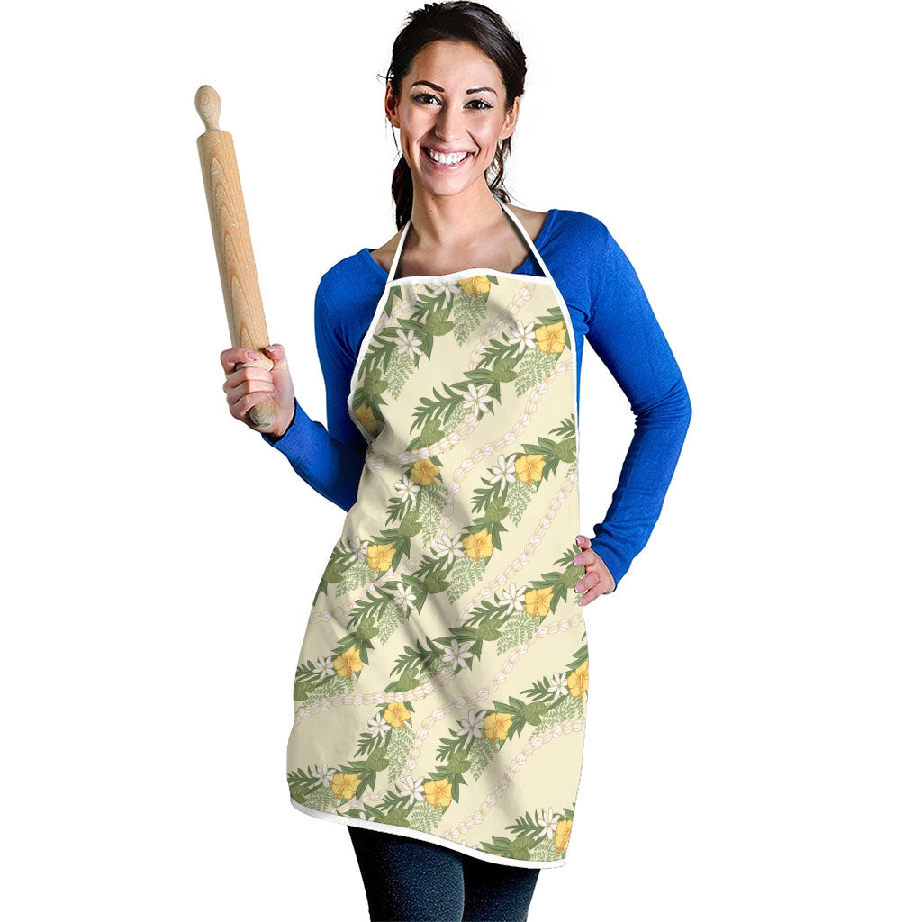 Hawaiian Pikake Maile Lei Apron Tiare Hibiscus Kalo Palapalai Leaf Beige LT19 - Polynesian Pride
