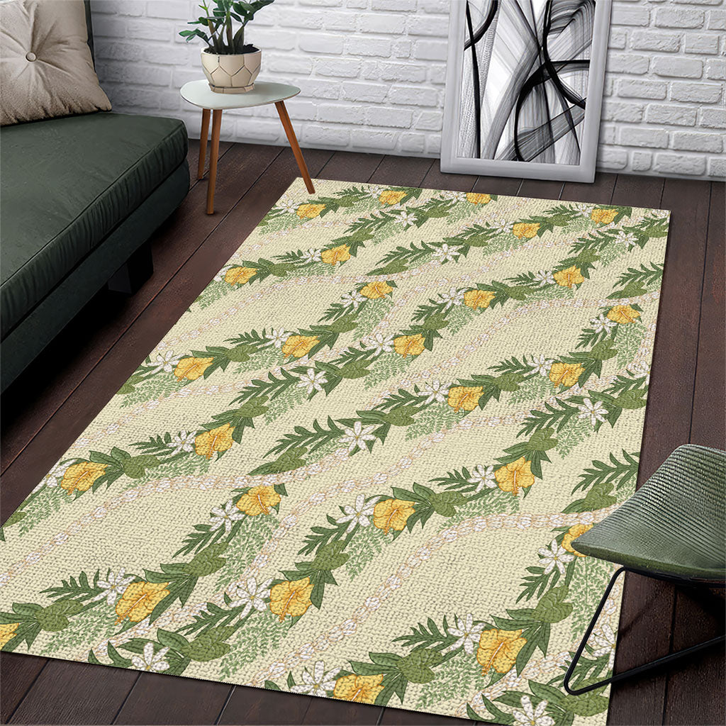 Hawaiian Pikake Maile Lei Area Rug Tiare Hibiscus Kalo Palapalai Leaf Beige LT19 Beige - Polynesian Pride
