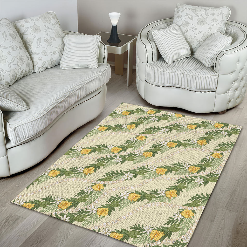Hawaiian Pikake Maile Lei Area Rug Tiare Hibiscus Kalo Palapalai Leaf Beige LT19 - Polynesian Pride