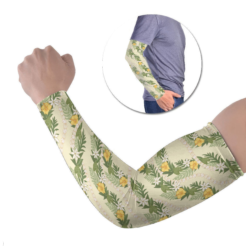 Hawaiian Pikake Maile Lei Arm Sleeves Tiare Hibiscus Kalo Palapalai Leaf Beige LT19 Set of 2 Beige - Polynesian Pride