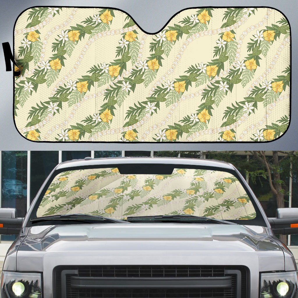 Hawaiian Pikake Maile Lei Auto Sun Shade Tiare Hibiscus Kalo Palapalai Leaf Beige LT19 Beige - Polynesian Pride