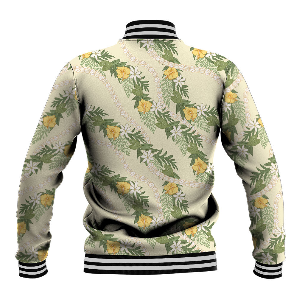 Hawaiian Pikake Maile Lei Baseball Jacket Tiare Hibiscus Kalo Palapalai Leaf Beige LT19 - Polynesian Pride