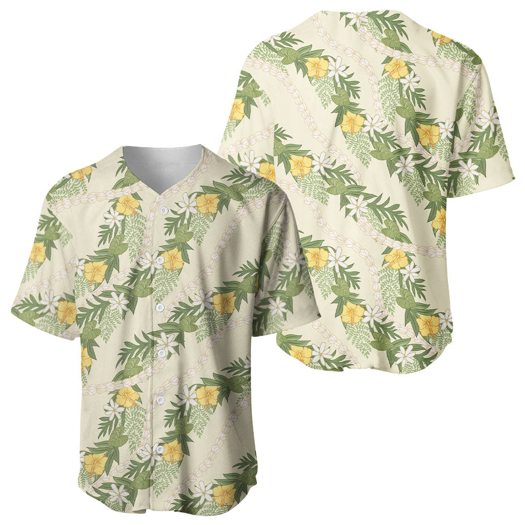 Hawaiian Pikake Maile Lei Baseball Jersey Tiare Hibiscus Kalo Palapalai Leaf Beige LT19 - Polynesian Pride