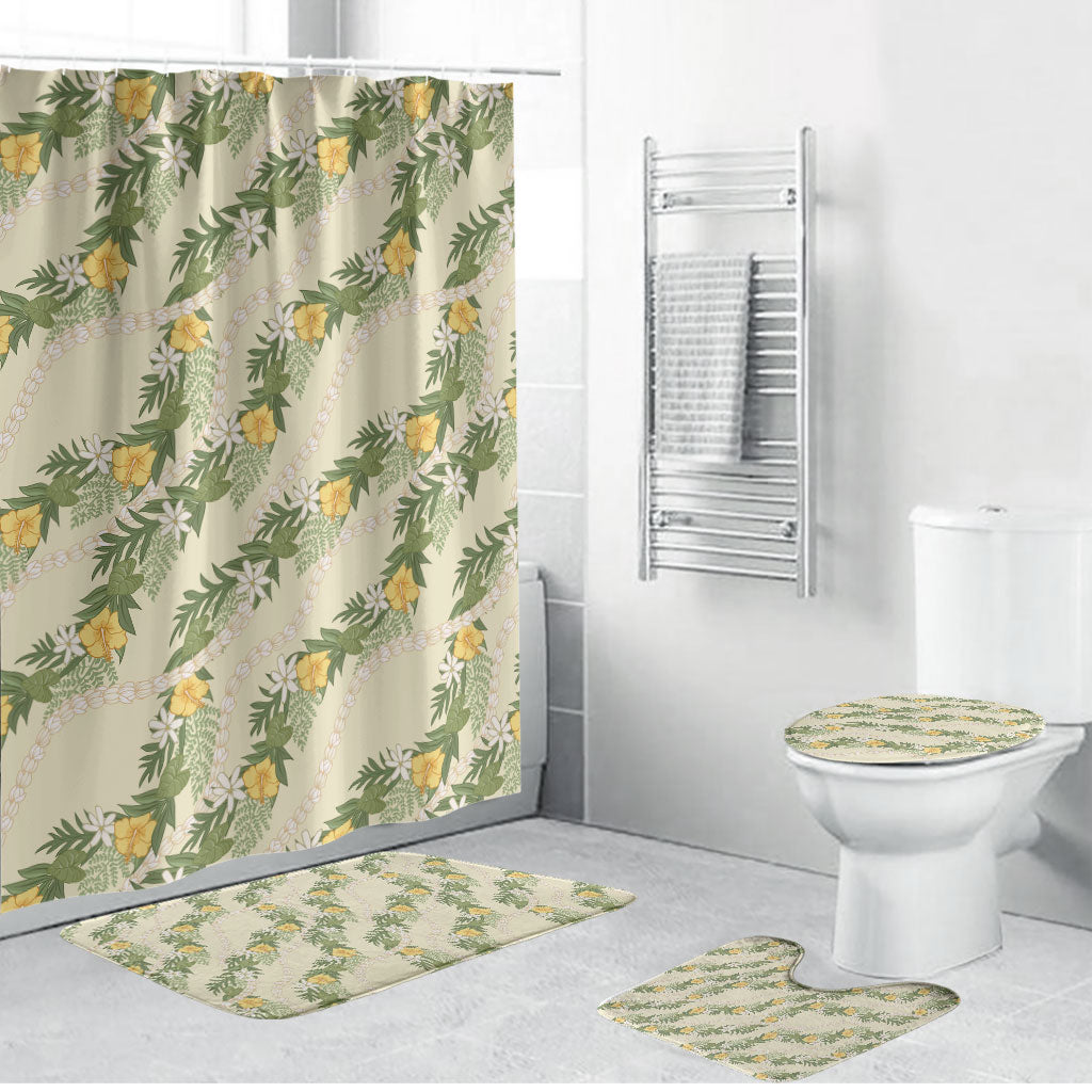 Hawaiian Pikake Maile Lei Bathroom Set Tiare Hibiscus Kalo Palapalai Leaf Beige LT19 Bathroom Set (4 pcs) Beige - Polynesian Pride