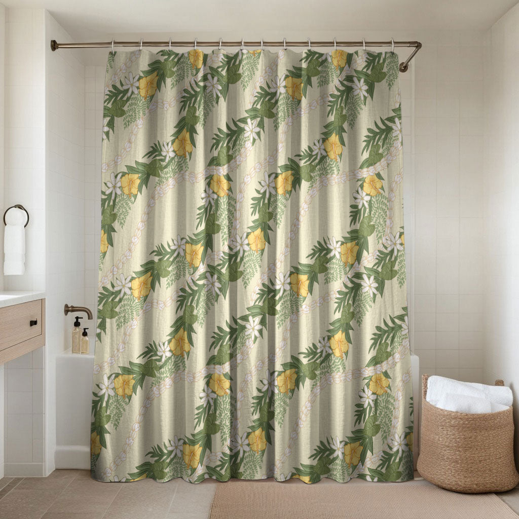 Hawaiian Pikake Maile Lei Bathroom Set Tiare Hibiscus Kalo Palapalai Leaf Beige LT19 Shower Curtain Only Beige - Polynesian Pride