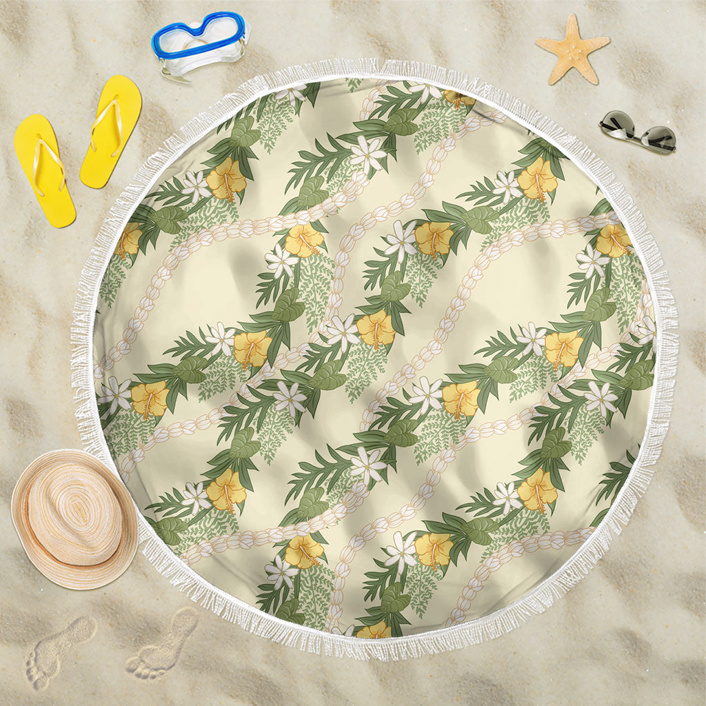 Hawaiian Pikake Maile Lei Beach Blanket Tiare Hibiscus Kalo Palapalai Leaf Beige LT19 One Size 150cm Beige - Polynesian Pride