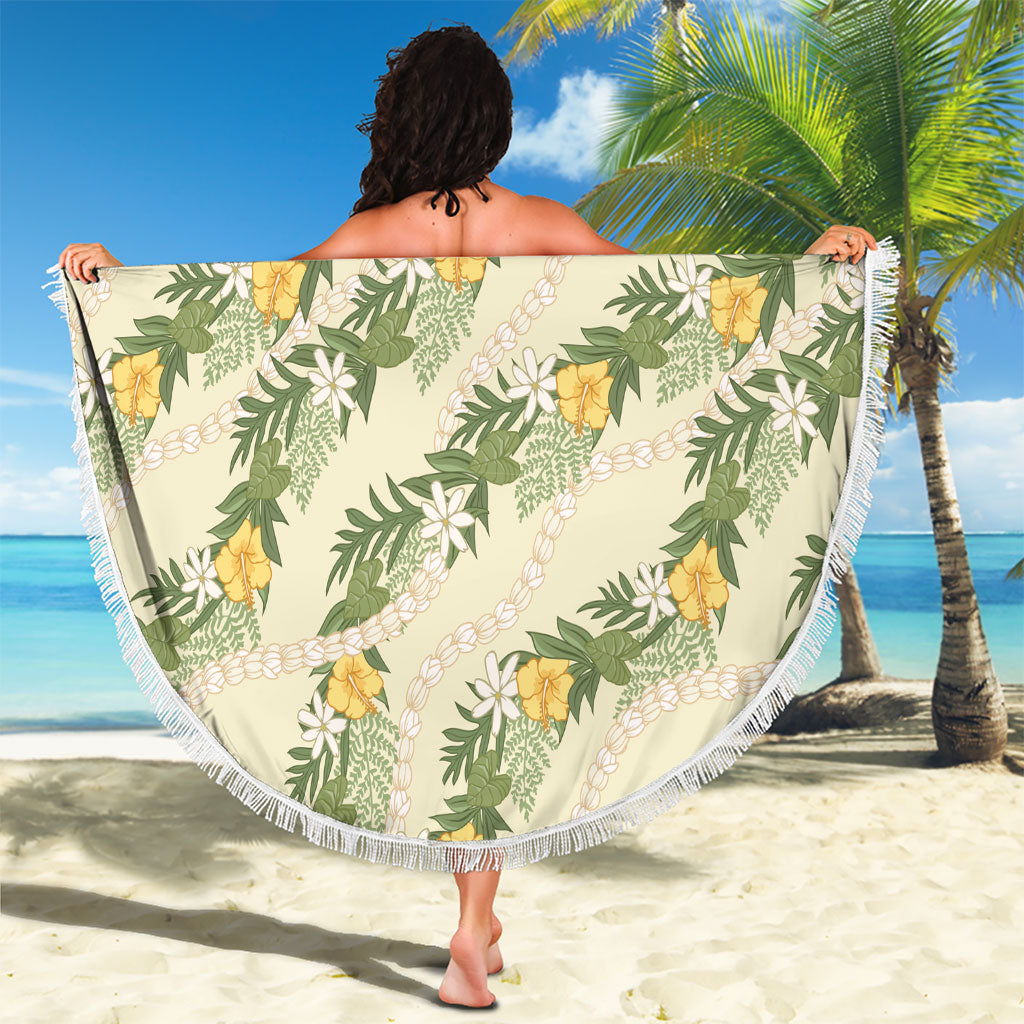 Hawaiian Pikake Maile Lei Beach Blanket Tiare Hibiscus Kalo Palapalai Leaf Beige LT19 - Polynesian Pride